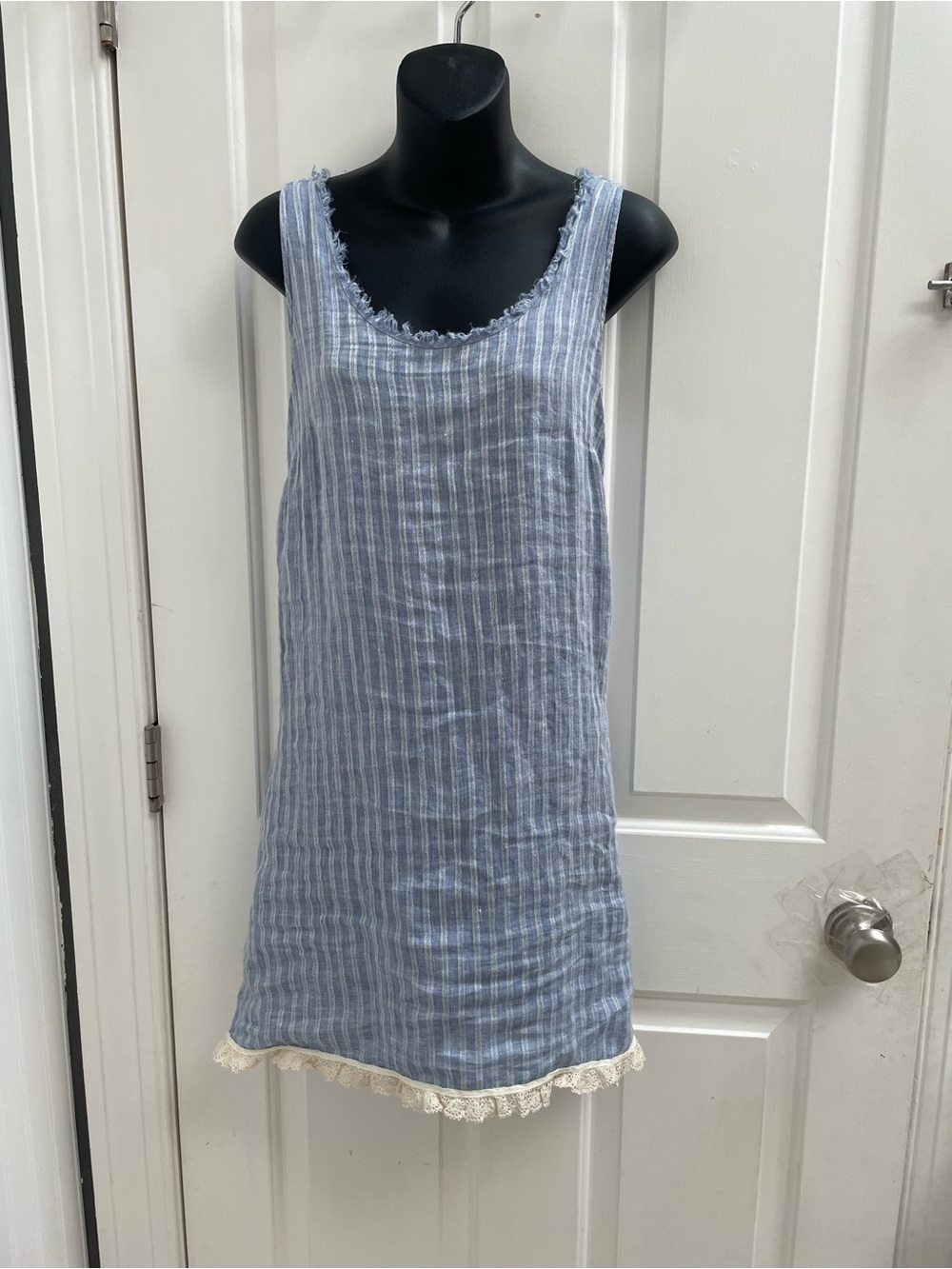 Caslon 100% linen Blue and White Striped Sleeveless Mini Dress with Lace Hem